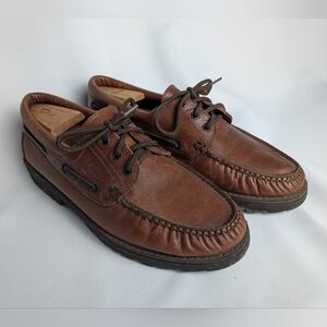 GREATLAND Brown Leather Men Boat Shoes Loafer Size 10 Flat Slip On Laces